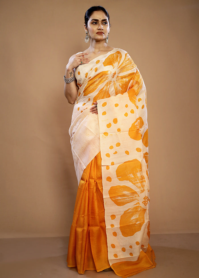 Cream Printed Pure Silk Saree With Blouse Piece - Indian Silk House Agencies