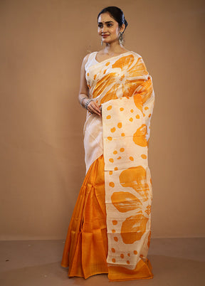 Cream Printed Pure Silk Saree With Blouse Piece - Indian Silk House Agencies