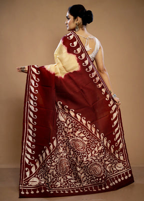 Cream Printed Pure Silk Saree With Blouse Piece - Indian Silk House Agencies