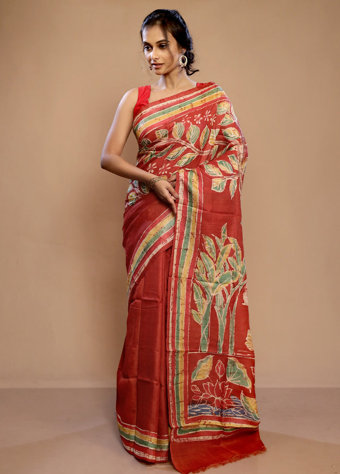 Rust Tussar Pure Silk Saree With Blouse Piece - Indian Silk House Agencies