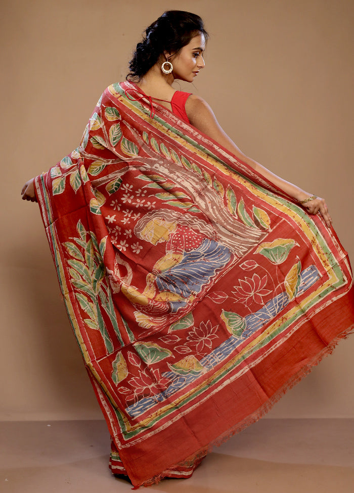 Rust Tussar Pure Silk Saree With Blouse Piece - Indian Silk House Agencies