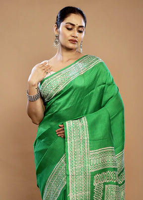 Green Printed Pure Silk Saree With Blouse Piece - Indian Silk House Agencies