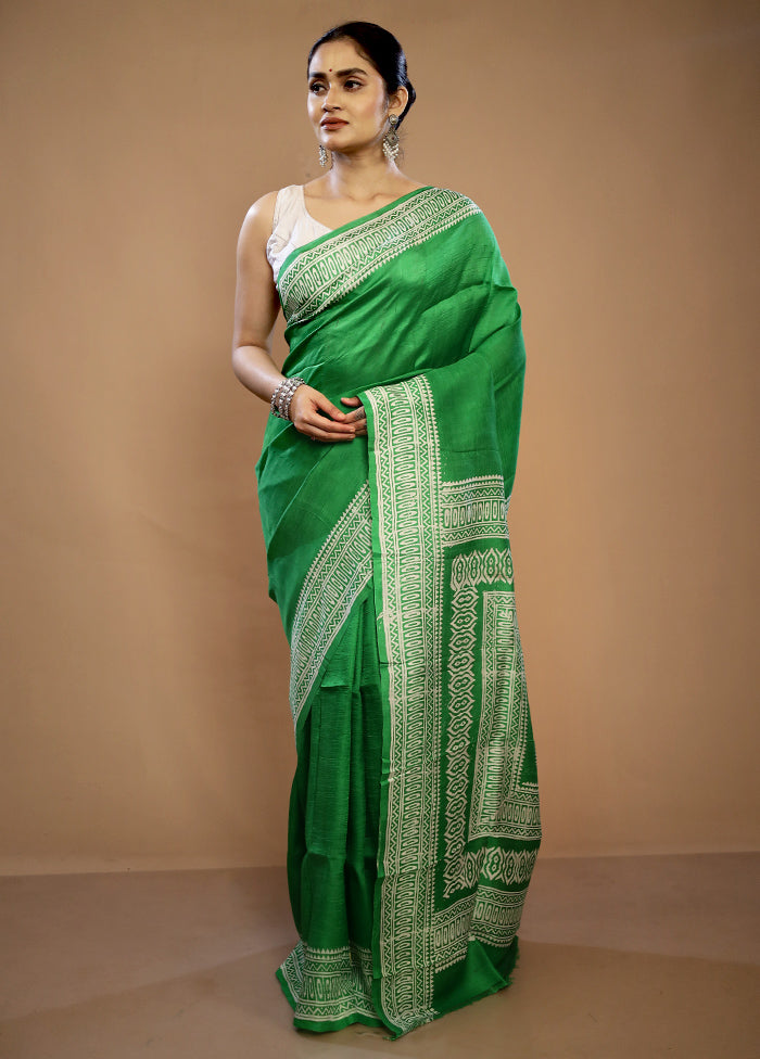 Green Printed Pure Silk Saree With Blouse Piece - Indian Silk House Agencies