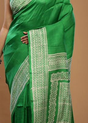 Green Printed Pure Silk Saree With Blouse Piece - Indian Silk House Agencies