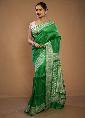 Green Printed Pure Silk Saree With Blouse Piece - Indian Silk House Agencies