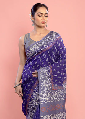 Blue Printed Pure Silk Saree With Blouse Piece - Indian Silk House Agencies