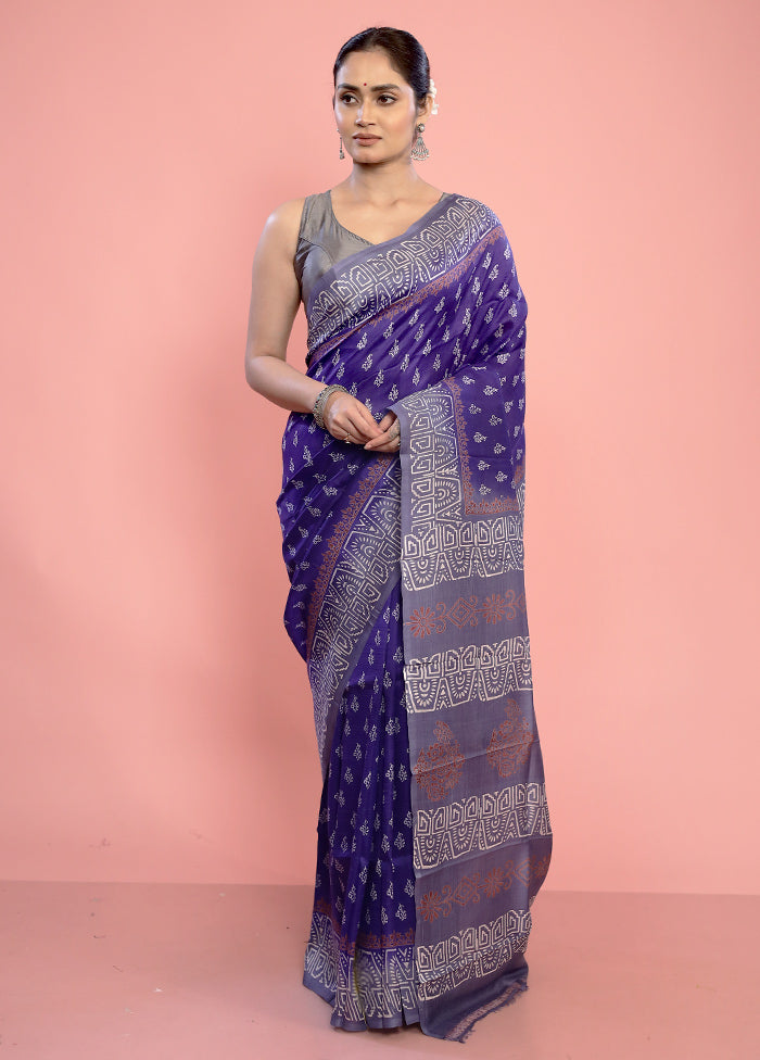 Blue Printed Pure Silk Saree With Blouse Piece - Indian Silk House Agencies