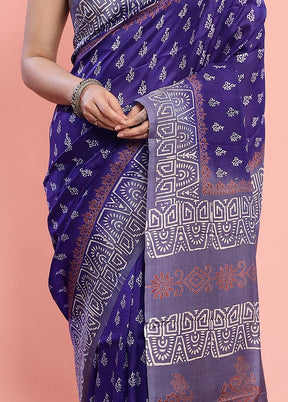 Blue Printed Pure Silk Saree With Blouse Piece - Indian Silk House Agencies