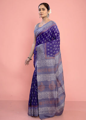 Blue Printed Pure Silk Saree With Blouse Piece - Indian Silk House Agencies