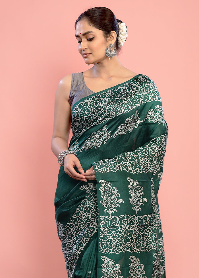 Green Printed Pure Silk Saree With Blouse Piece - Indian Silk House Agencies