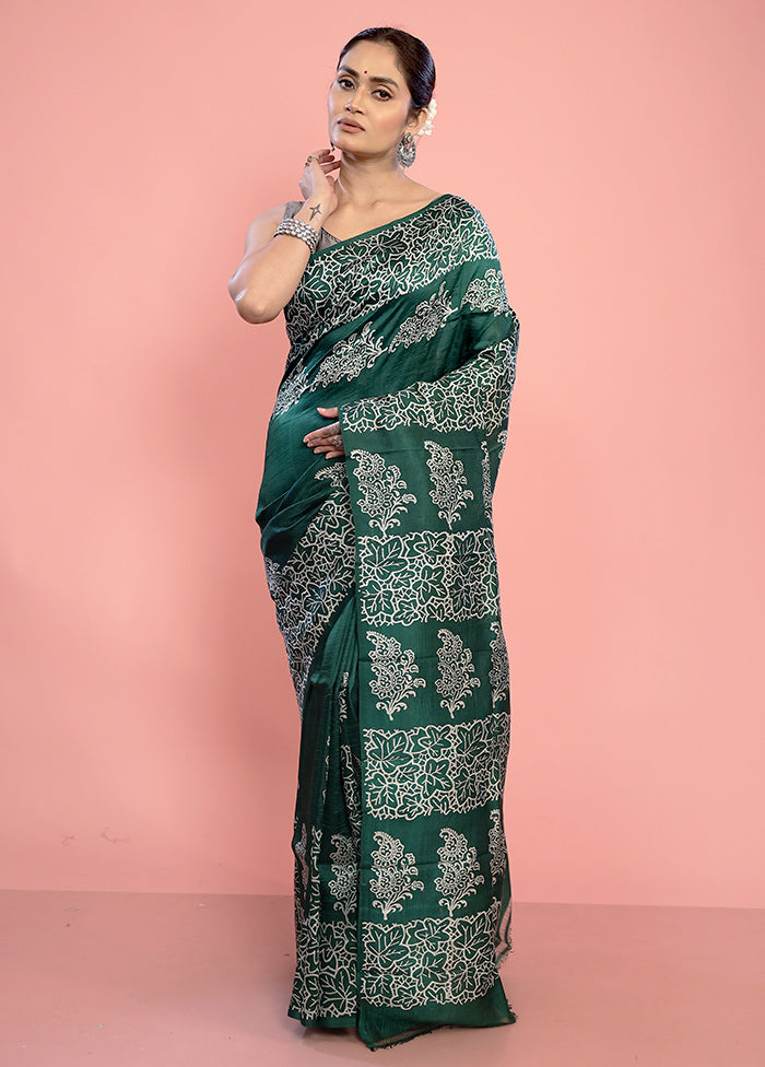 Green Printed Pure Silk Saree With Blouse Piece - Indian Silk House Agencies