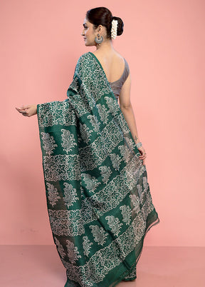 Green Printed Pure Silk Saree With Blouse Piece - Indian Silk House Agencies