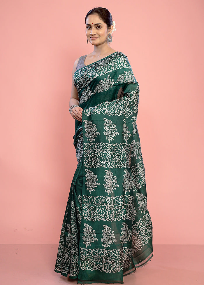 Green Printed Pure Silk Saree With Blouse Piece - Indian Silk House Agencies