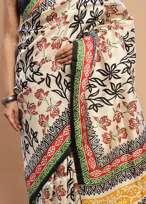 Cream Printed Pure Silk Saree With Blouse Piece - Indian Silk House Agencies