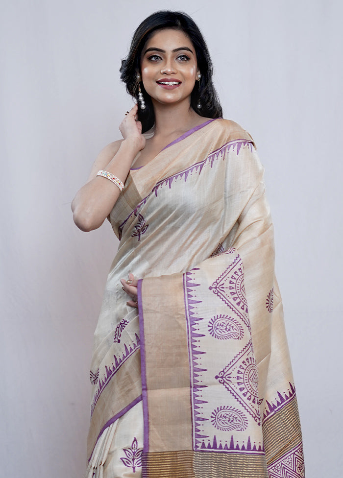 Cream Tussar Silk Saree With Blouse Piece - Indian Silk House Agencies