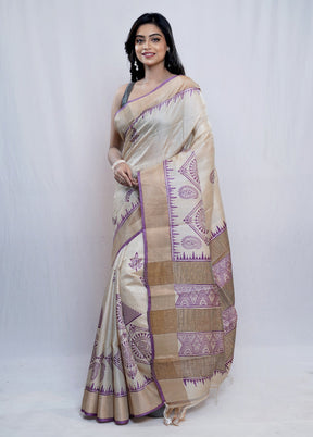 Cream Tussar Silk Saree With Blouse Piece - Indian Silk House Agencies