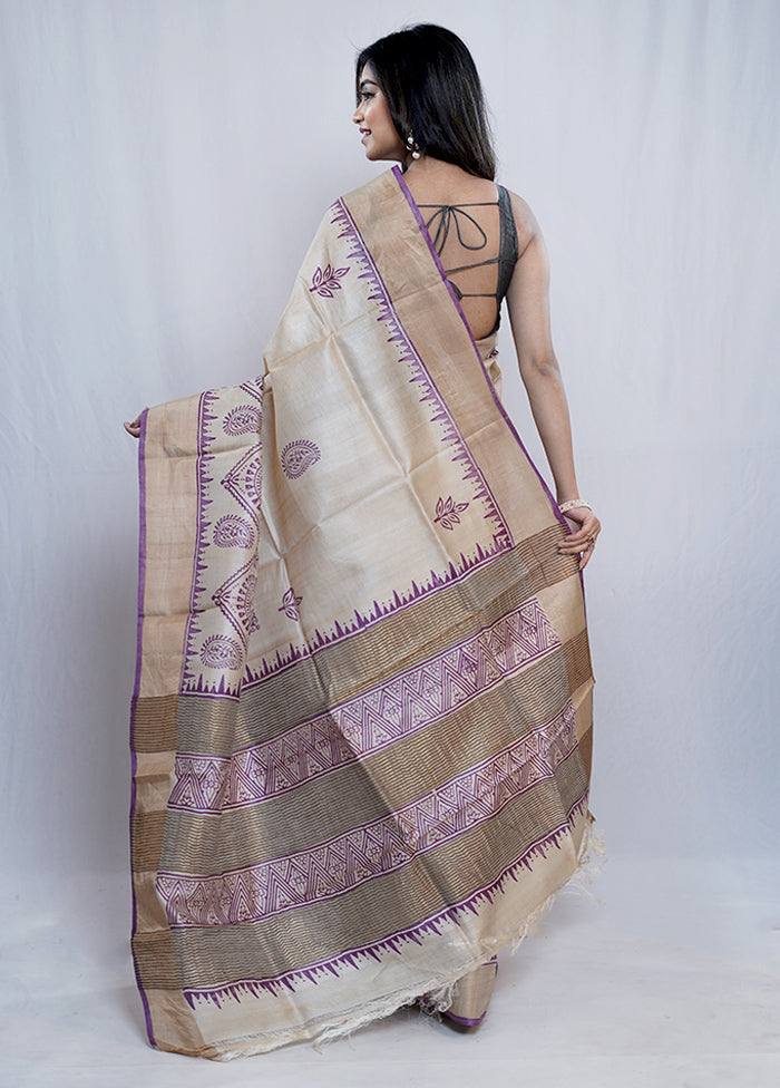 Cream Tussar Silk Saree With Blouse Piece - Indian Silk House Agencies