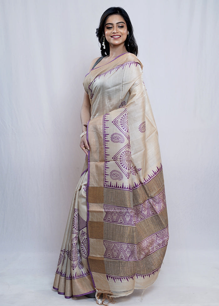 Cream Tussar Silk Saree With Blouse Piece - Indian Silk House Agencies