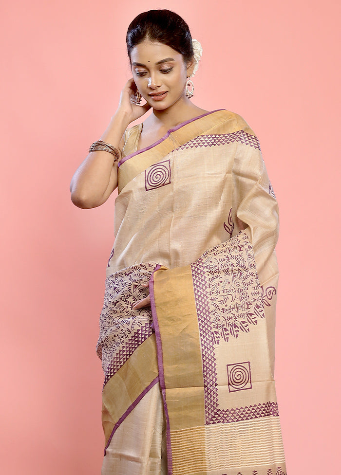 Cream Tussar Silk Saree With Blouse Piece - Indian Silk House Agencies