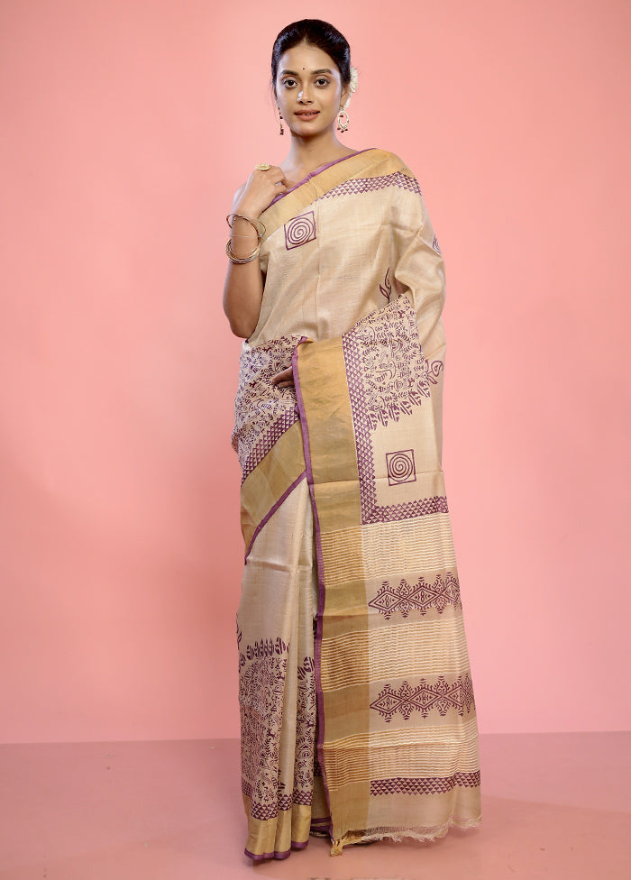 Cream Tussar Silk Saree With Blouse Piece - Indian Silk House Agencies