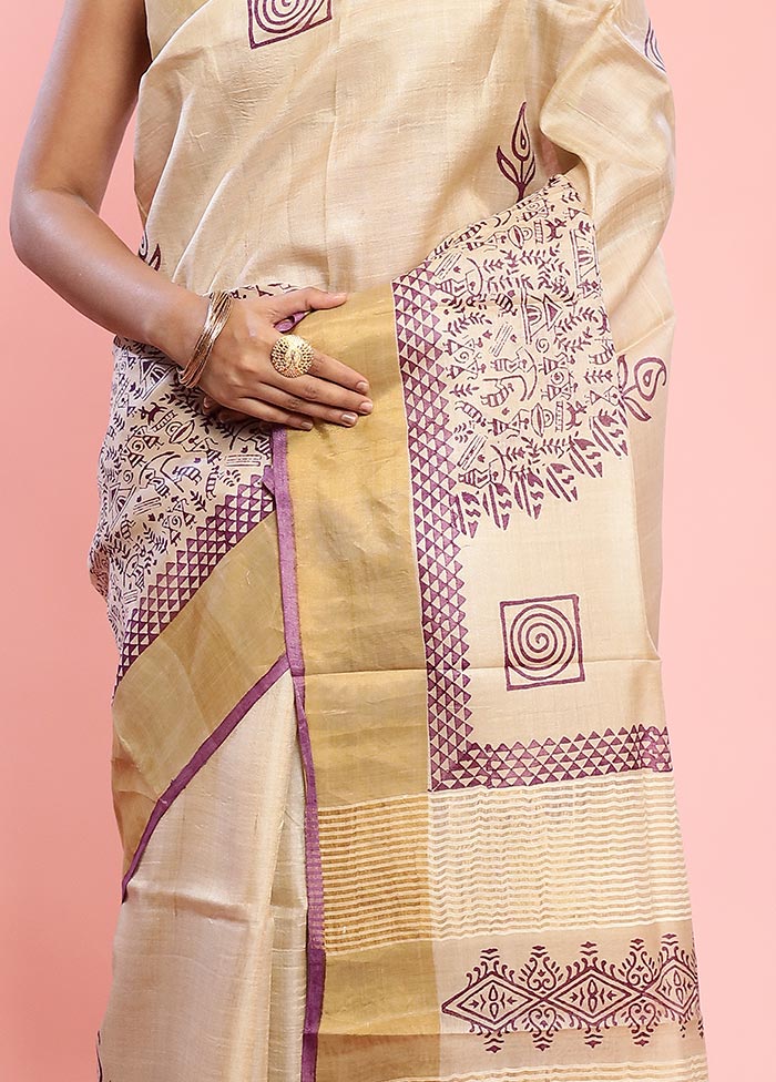 Cream Tussar Silk Saree With Blouse Piece - Indian Silk House Agencies