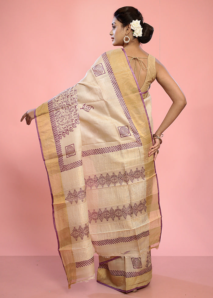 Cream Tussar Silk Saree With Blouse Piece - Indian Silk House Agencies