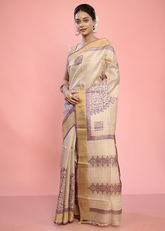 Cream Tussar Silk Saree With Blouse Piece - Indian Silk House Agencies