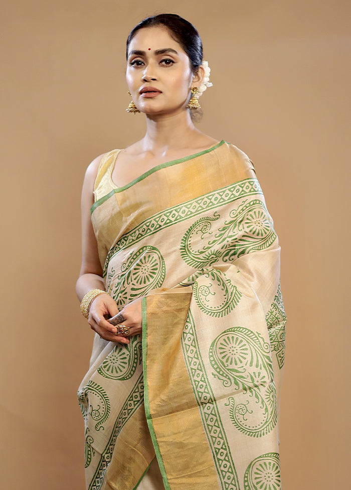 Cream Tussar Silk Saree With Blouse Piece - Indian Silk House Agencies