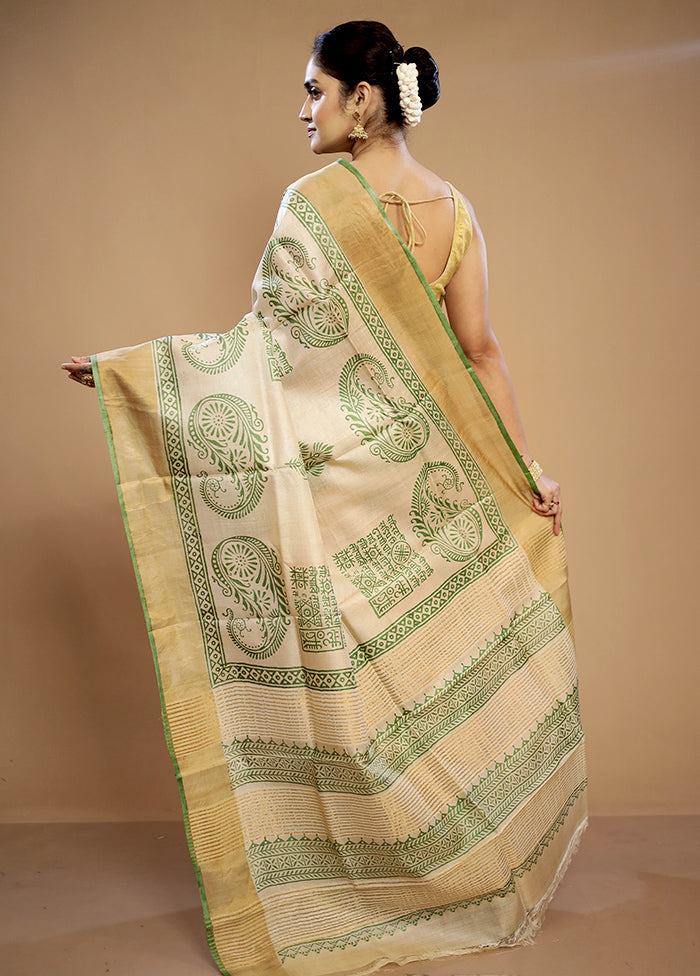 Cream Tussar Silk Saree With Blouse Piece - Indian Silk House Agencies