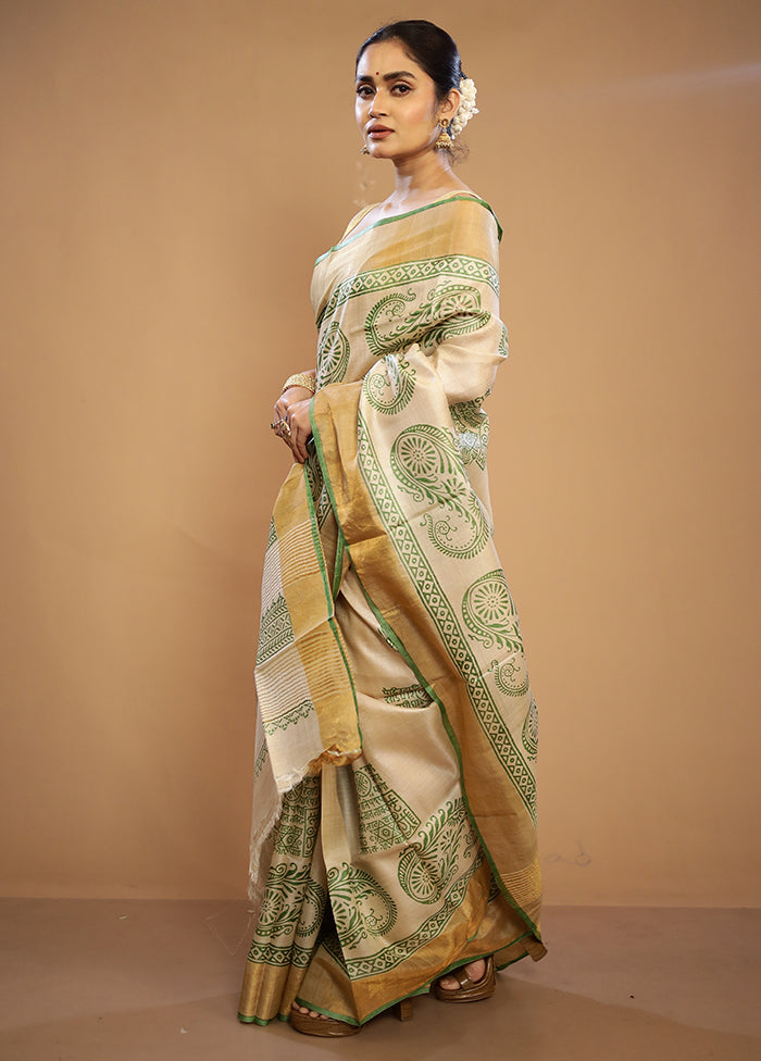 Cream Tussar Silk Saree With Blouse Piece - Indian Silk House Agencies