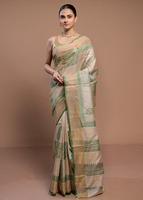 Cream Tussar Silk Saree With Blouse Piece