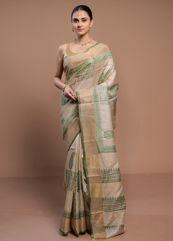 Cream Tussar Silk Saree With Blouse Piece