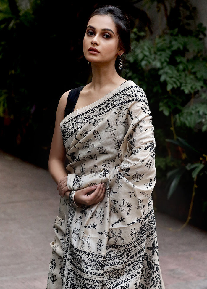 Cream Kantha Stitch Pure Silk Saree With Blouse Piece - Indian Silk House Agencies