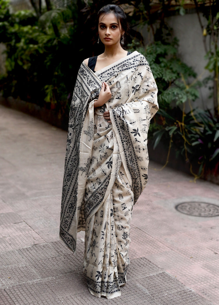 Cream Kantha Stitch Pure Silk Saree With Blouse Piece - Indian Silk House Agencies