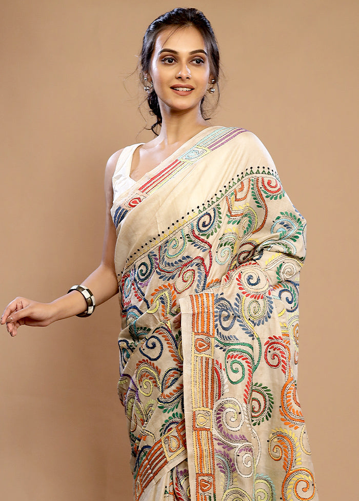 Cream Kantha Stitch Pure Silk Saree With Blouse Piece - Indian Silk House Agencies