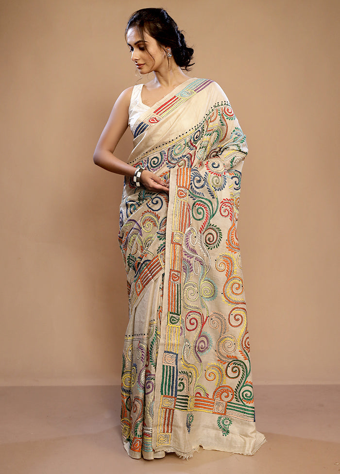 Cream Kantha Stitch Pure Silk Saree With Blouse Piece - Indian Silk House Agencies