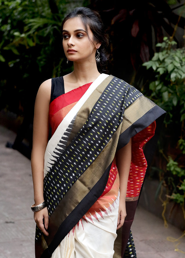 Cream Ikkat Pure Silk Saree With Blouse Piece - Indian Silk House Agencies