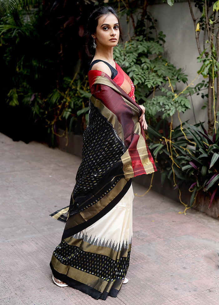 Cream Ikkat Pure Silk Saree With Blouse Piece - Indian Silk House Agencies