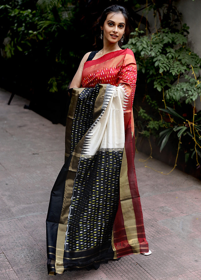 Cream Ikkat Pure Silk Saree With Blouse Piece - Indian Silk House Agencies