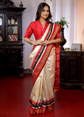 Cream Ikkat Pure Silk Saree With Blouse Piece - Indian Silk House Agencies