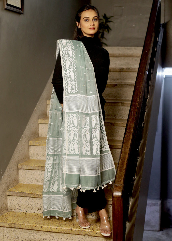 Green Jamdani Woven Dupatta - Indian Silk House Agencies