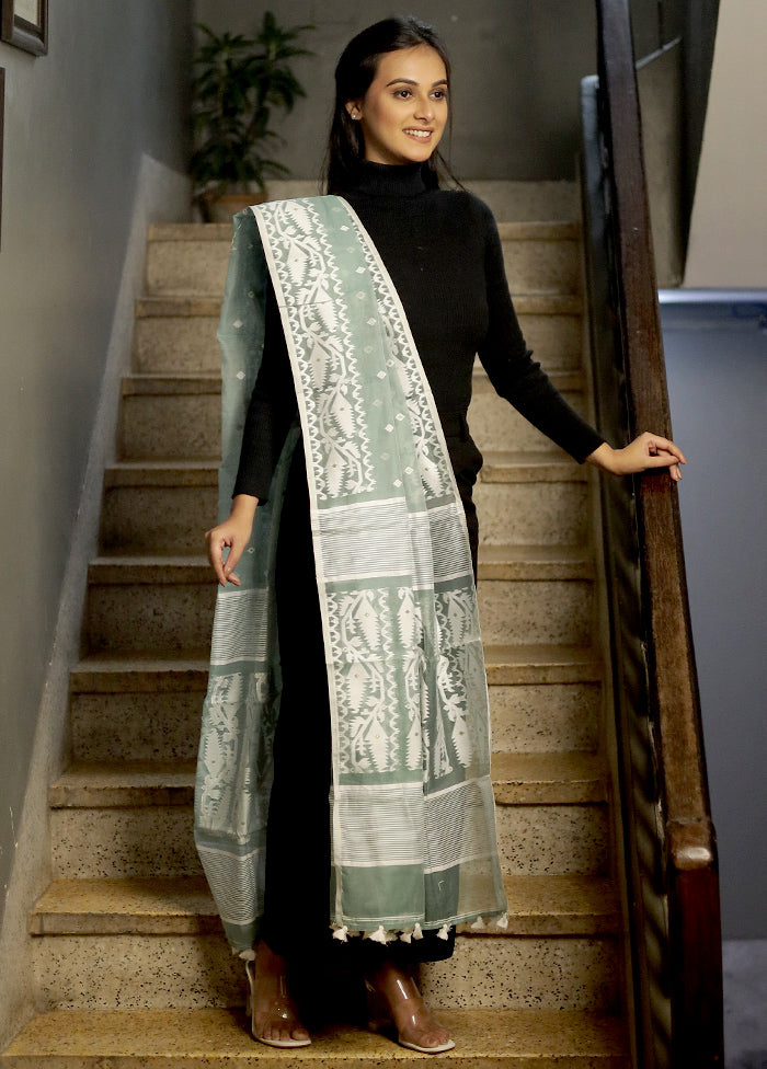 Green Jamdani Woven Dupatta - Indian Silk House Agencies