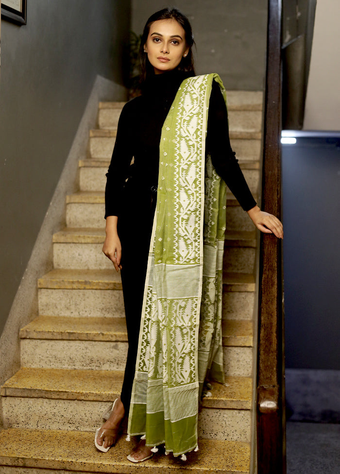 Green Jamdani Woven Dupatta - Indian Silk House Agencies