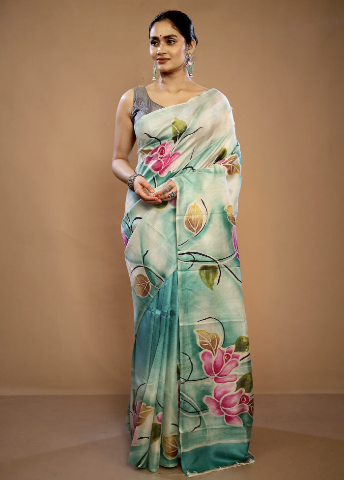 Cream Printed Pure Silk Saree With Blouse Piece - Indian Silk House Agencies