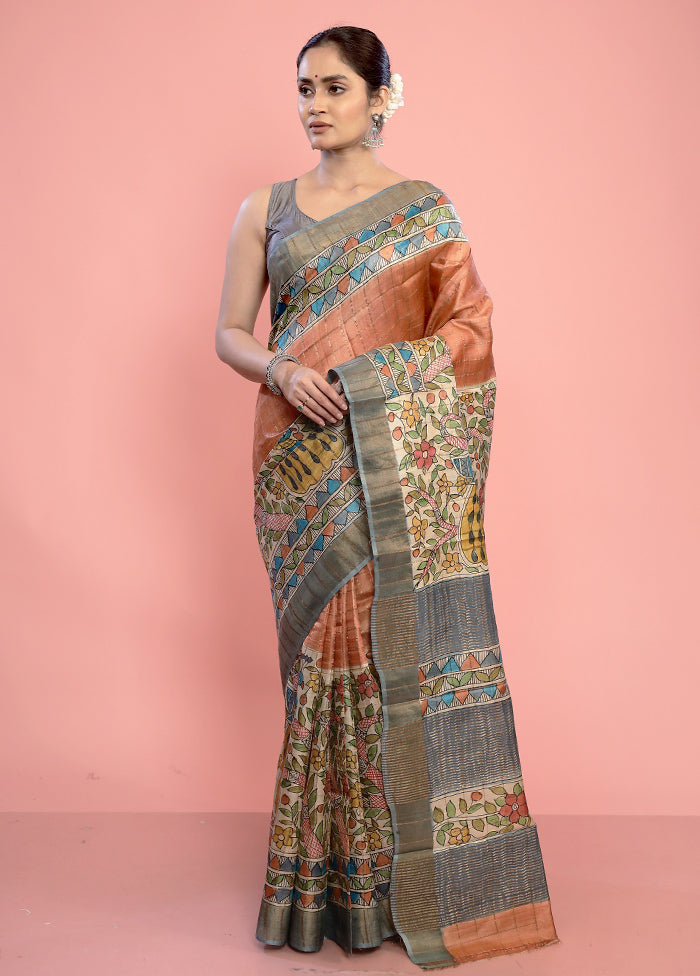 Peach Tussar Pure Silk Saree With Blouse Piece - Indian Silk House Agencies