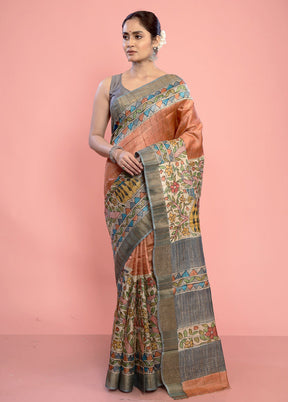 Peach Tussar Pure Silk Saree With Blouse Piece - Indian Silk House Agencies