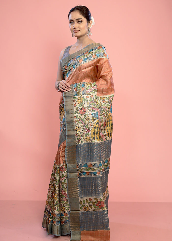 Peach Tussar Pure Silk Saree With Blouse Piece - Indian Silk House Agencies