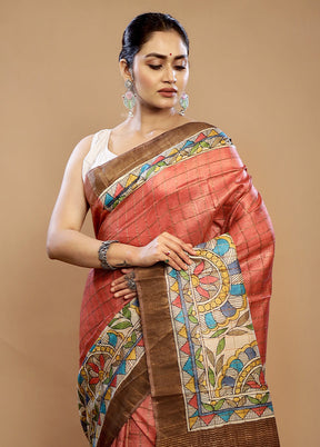 Pink Tussar Pure Silk Saree With Blouse Piece - Indian Silk House Agencies