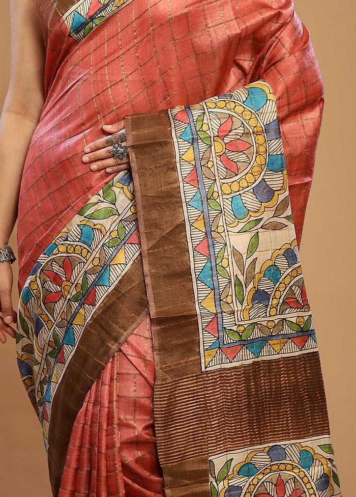 Pink Tussar Pure Silk Saree With Blouse Piece - Indian Silk House Agencies