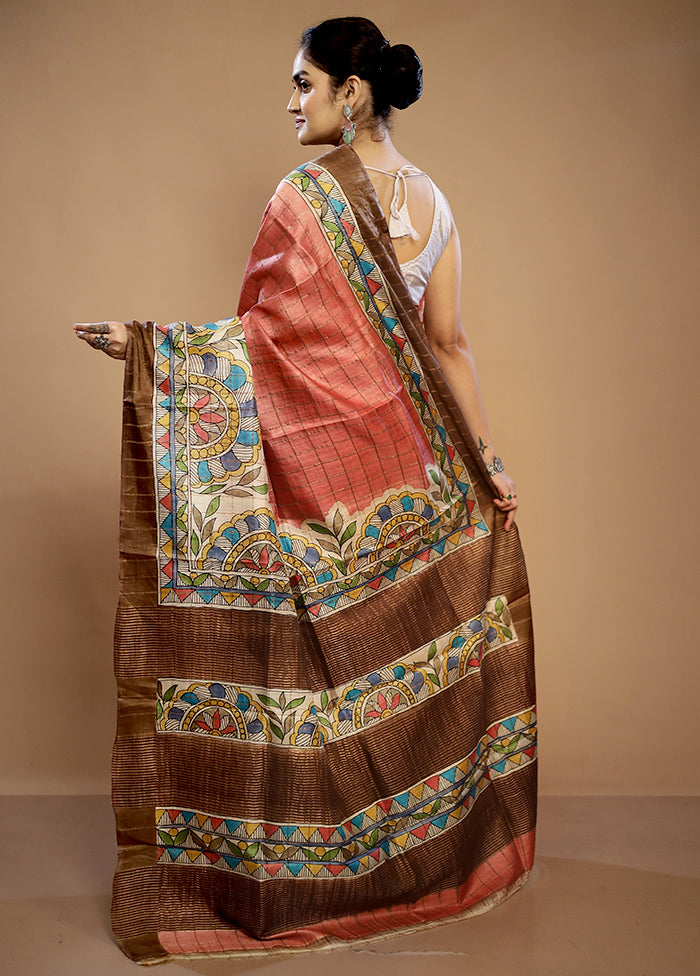 Pink Tussar Pure Silk Saree With Blouse Piece - Indian Silk House Agencies